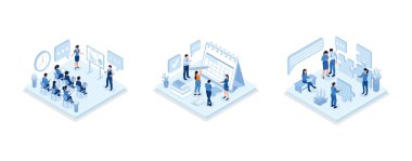 Business training or courses concept, Planning schedule and calendar, Teamwork success with puzzle, isometric vector modern illustration