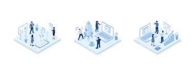 Business illustration set. Characters planning, prototyping and testing startup ideas and analyzing marketing data. Business activities concept, set isometric vector illustration