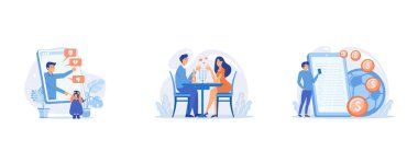 Yapboz elemanlarını birleştiren insanlar, takım çalışması, işbirliği, ortaklık, müşteri memnuniyeti ve yıldız puanının ölçümü, düz vektör modern illüstrasyonunu ayarla