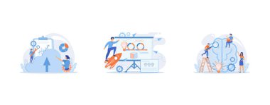 İş adamları sosyal ağı tartışıyor, genç bir adam depresyonda yağmurdan diğerine şemsiye tutuyor, bir grup insan dans ediyor ve müzikle eğleniyor, düz vektör modern illüstrasyonunu ayarlıyor