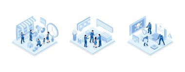 Digital Marketing and E-Commerce Concept, Courier in Uniform Delivering Package, Hackers Hacking Information from Laptop and Stealing Personal Data, Credit Card and Password, isometric vector modern illustration