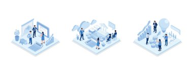 People Character Analyzing Stock Market, Public Finance Audit Concept, People Characters having new Finance Management Creative Ideas, isometric vector modern illustration
