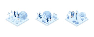 Sustainability illustration set. ESG, green energy, sustainable industry with windmills and solar energy panels. Environmental, Social, and Corporate Governance concept, set isometric vector illustration