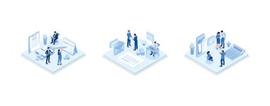 Characters choosing best candidate for job. Hr managers searching new employee. Recruitment process. Human resource management and hiring concept, set isometric vector illustration