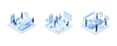 Wireless and Contactless Payment Method, People Character Holding Pencil and Putting Check Mark on Checklist on Smartphone, Man Character Standing near Damaged Auto and Calling to Car Insurance Service, isometric vector modern illustration