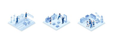 Colorful Smart Farm on a digital device with wooden barn, wind turbines, photovoltaic solar panels, and drone, Green Industrial Factory with Renewable Energy. Wind Electricity Generators and Solar Panels. Eco Power Station. Eco Industrial Development