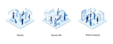 Problem and solution concept, Discount sale concept with characters, Online shopping , isometric vector modern illustration