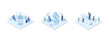 Passive income illustration set. Characters enjoying financial freedom and independence. Successfully and free of debts people planning budget, set isometric vector illustration