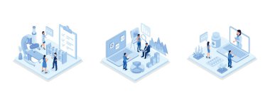 Doctor Scientist in Medical Laboratory Analyzing Blood Samples, Man and Woman Analyzing Tables, Charts and Graphs at Business Dashboard, Patient having Online Consultation with Doctor, isometric vector modern illustration