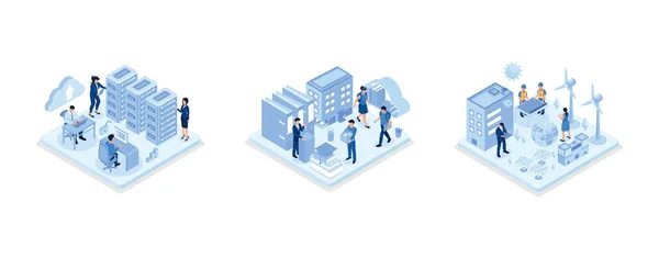 Web hosting service with cyber security technology concept, Students study online in university or college campus, Sustainable ESG industry with windmills and solar energy panels, isometric vector modern illustration