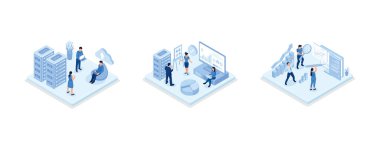 Business characters using remote servers to analyzing large sets of data and recognizing mistakes. Actionable data concept, set isometric vector illustration