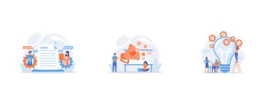 Business team editing shared document on laptop online, Marketing team work and huge megaphone with media icons, Business team putting gears on big lightbulb, set flat vector modern illustration