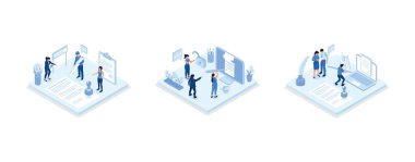 Characters signing legal document, electronic contract or agreement online. People reading and signing contract terms and conditions, set isometric vector illustration