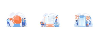 Magical divination and cartomancy, Content creating, articles, text writing and editing remote job, Successful business deal celebrating, set flat vector modern illustration