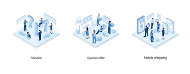 Problem and solution, Discount sale concept with characters, Online shopping, set isometric vector illustration
