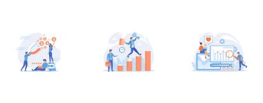 Customer feedbacks analyzing, likes farming, Personal development and goals achievement, Search engines, online marketing and seo tools, search engines optimization concept, set flat vector modern illustration