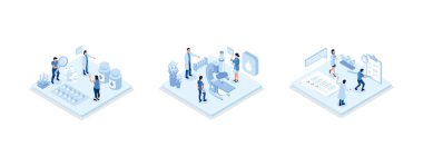 Laboratory doctor or chemist testing patients urine and blood samples. Health care and medicine concept, set isometric vector illustration