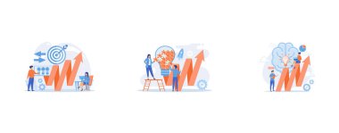 Businessman with laptop, target and arrows, Business team doing lightbulb from jigsaw puzzle and rising arrow, Brain, lightbulb and business team solving problem, set flat vector modern illustration