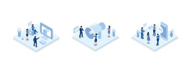 Social media promotion scenes. Characters using big loudspeaker to communicate with audience, sending advertising emails, offering sale and discount, set isometric vector illustration