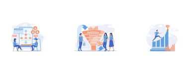 HR manager with employee at interview and business flow chart, Sales funnel stages, potencial customers, buyer with purchase, Businessman jumps on graph columns on the way to success, set flat vector modern illustration