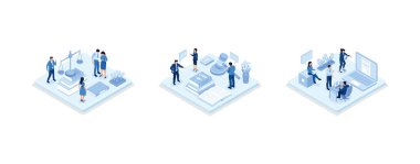Law and justice scenes. Character signing legal contract, lawyer consulting client, judge knocking with wooden hammer. Legal advice concept, set isometric vector illustration