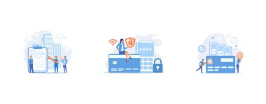 Tiny people cook and builder perform alternative civilian labour, Access control card with key and lock and woman with protection shield, Plastic bank card, microchip and man with magnifier, set flat vector modern illustration