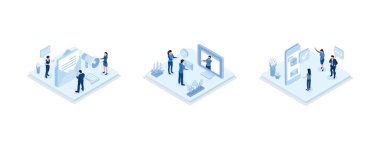 Characters sending advertising mails and promotional offers with sales and discounts. Ecommerce business concept, set isometric vector illustration