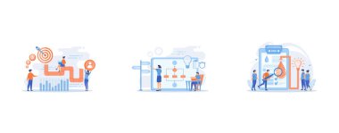 Sales reps and managers analyze sales pipeline, Business analyst with laptop, idea lightbulb and waymark, Consumers with magnifier testing new product properties, set flat vector modern illustration