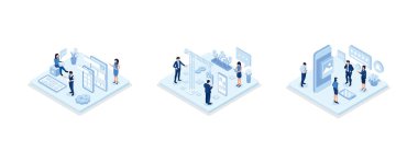 Developers prototyping, programming user interface and testing mobile app. UI design and user experience concept, set isometric vector illustration