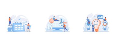 Calendar with payday, calculator and tiny business people getting a paycheck, Tiny people developers at computer working on core system, Big lightbulbs and business team working on solution, set flat vector modern illustration