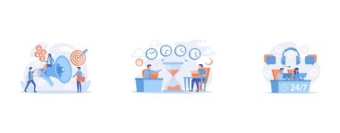 Businessman look with magnifier at target group, Busy businessmen with laptops near hourglass working in different time zones, Customer service operators with headsets at computers consulting clients 24 for 7, set flat vector modern illustration