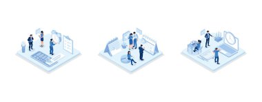 Characters planning project tasks, managing schedule and work time. Time management and schedule organization concept, set isometric vector illustration