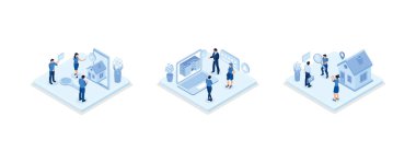 Characters searching and choosing apartment or house for renting or buying. Property market concept, set isometric vector illustration