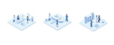 Doctor and patient check blood sugar level with glucometer and diabetic insulin pump. Character with diabetes receiving treatment against disease, set isometric vector illustration