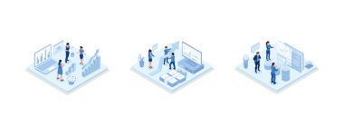 Characters analyzing stock market data and planning investment strategy. People examining financial graphs, charts and diagrams. Stock trading concept, set isometric vector illustration
