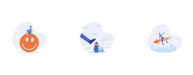 Work happiness or job satisfaction, colleagues bullying or discrimination, imagination or creative freedom, set flat vector modern illustration