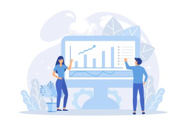 Digital marketing illustration. Characters targeting audience, sending advertising mails and promotional offers, analyzing marketing data. Business concept. Flat vector modern illustration