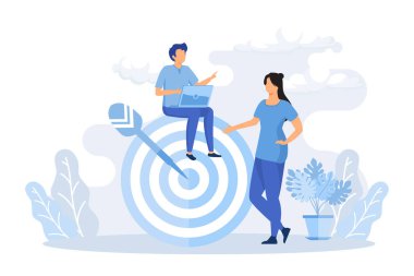 Digital marketing illustration. Characters targeting audience, sending advertising mails and promotional offers, analyzing marketing data. Business concept. Flat vector modern illustration