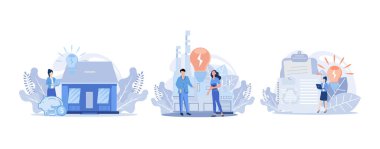 Sustainability illustration. Energy efficiency in household and industry. Characters using green electricity, paying less and saving money. Electricity consumption concept. Flat vector modern illustration