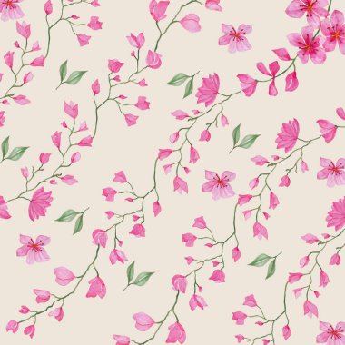 pink vector small stock flowers with brown leaves pattern on cream background.watercolor vector illustrator