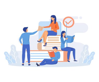 Book exchange and reuse illustration. Characters recommending, sharing and swapping books. People reading together. flat vector modern illustration
