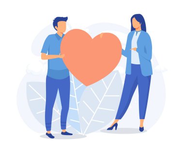 Donation illustration. Volunteers collecting and packing used clothes in boxes for charity. Flat vector modern illustration