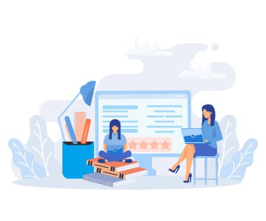 Feedback illustration set. Characters filling survey form, giving positive feedback and filing checklist on smartphone and computer. User experiences concept flat vector illustration