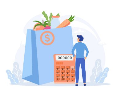Grocery store illustration. Character buying in supermarket and online fresh organic vegetables and other groceries. Food buying concept. flat vector modern illustration
