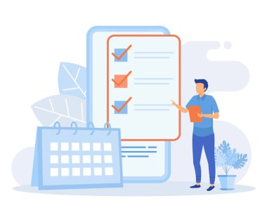 Schedule planning illustration. Characters planning work tasks, filling check list, making schedule using calendar. Business and organization concept. flat vector modern illustration