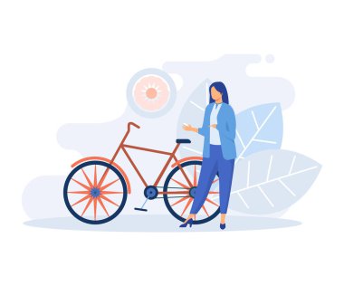 Sustainable transportation illustration. Characters standing near private electric car, e-bike and public bus. Environmental friendly transport concept. flat vector modern illustration