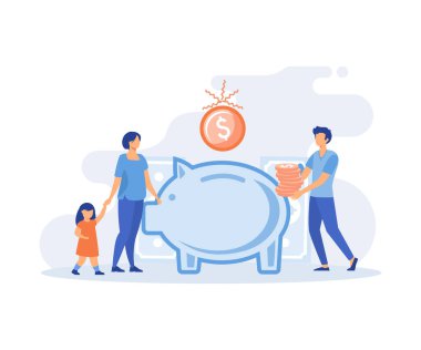 Family income. Characters planning and bookkeeping budget and household spending. People making savings in piggy bank. Flat vector modern illustration