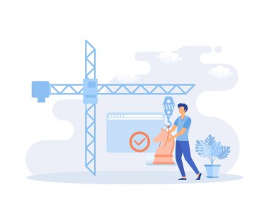 Business illustration. Characters assembling jigsaw puzzle, moving chess figure, planning financial strategy to achieve business goals. Flat vector modern illustration