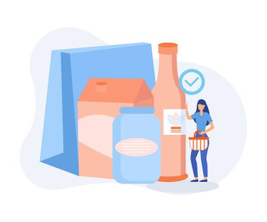 Grocery food shopping illustration. Character buying online on laptop and smartphone fresh organic vegetables and grocery items, putting in shopping basket or trolley. Flat vector modern illustration