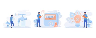 Household bills illustration. Characters calculating electricity, warm tap water and other utility costs. flat vector modern illustration
